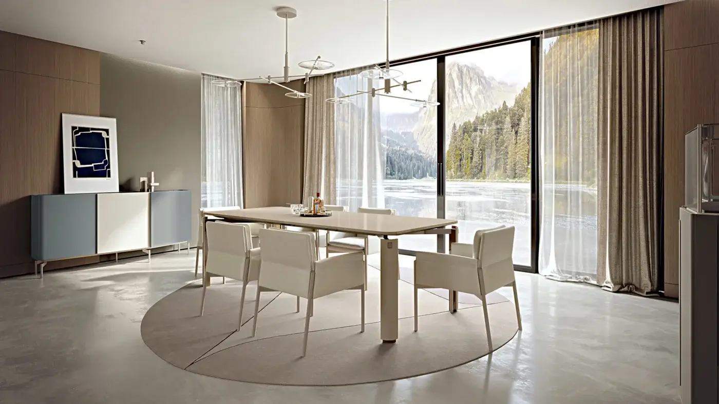 Elegant Turri Zenit sideboard with overlapping curved leather doors and a central wood section in matte finish