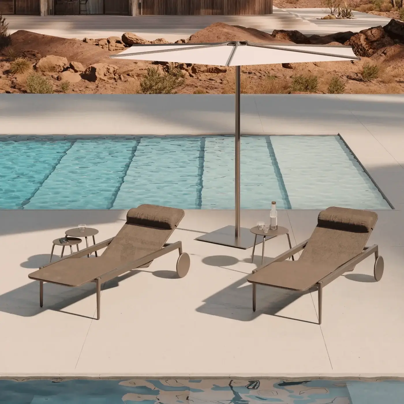 Distinguished Royal Botania Bloom umbrella lounger with warm brown canopy and stainless steel pole showcasing geometric forms