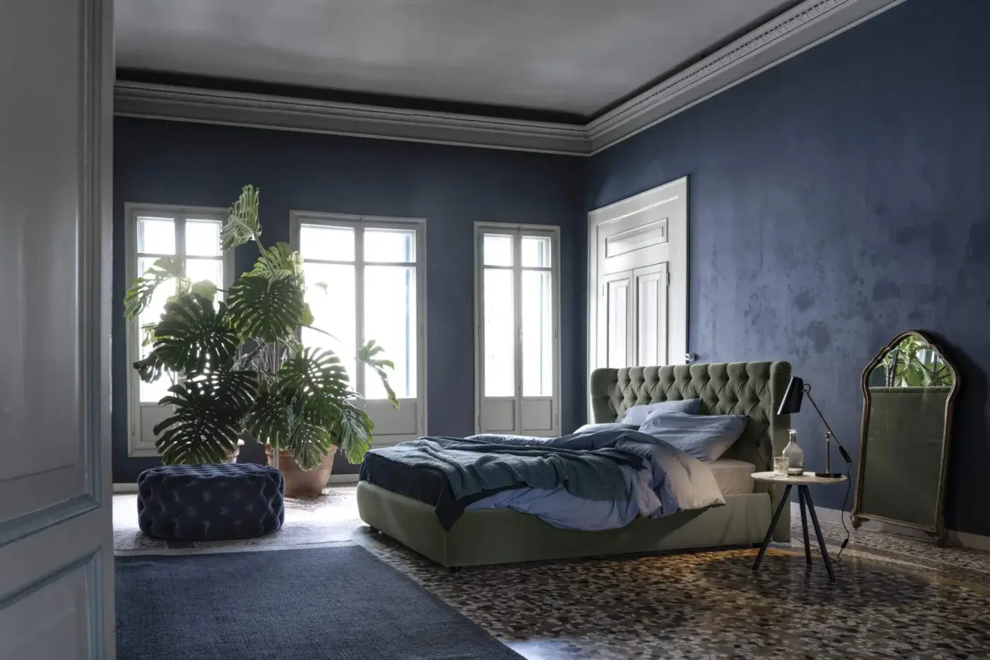 Distinguished Bolzan Letti Selene bed crafted with an olive green tufted headboard and matching textile upholstery in firwood construction