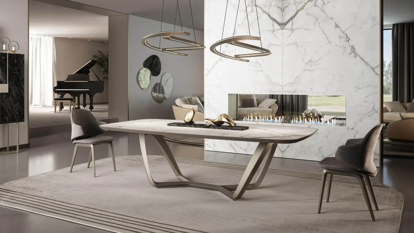 Exceptional Reflex Segno table with marble glass top and satin bronze metal V-shaped support construction