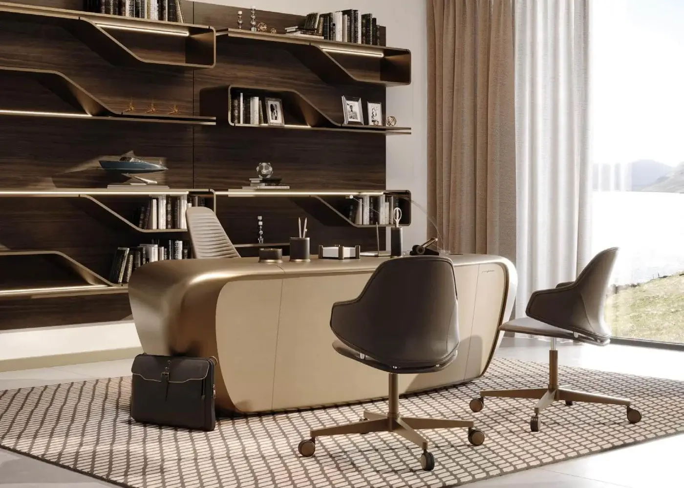 Exceptional Reflex Segno bookcase with curved wooden panels, smooth texture, and integrated lighting embodying a contemporary silhouette