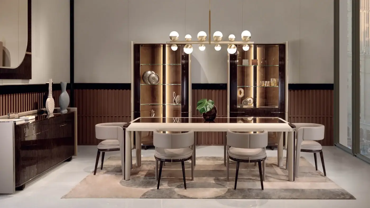Superior Turri Eclipse sideboard with a curved shell crafted in dark wood and hand-decorated polyester finish with ribbed leather doors