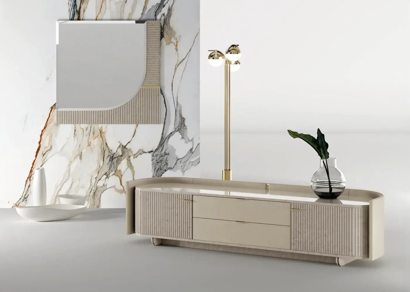 Lavish Turri Eclipse TV stand built in wood with a hand-decorated polyester finish and curved light beige leather shell