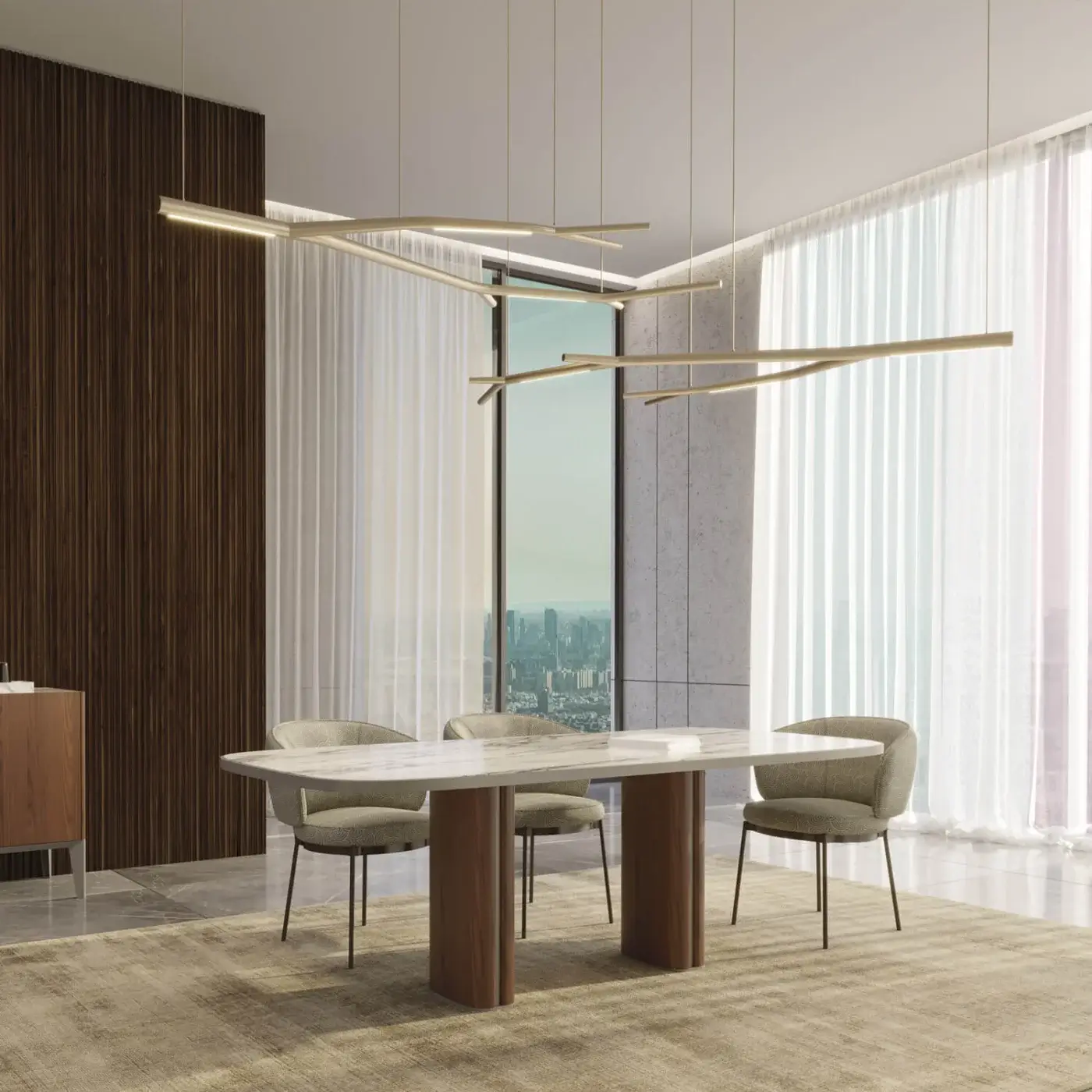 Superior Horm Aira suspension lamp with refined linear LED elements and a light gold brass frame