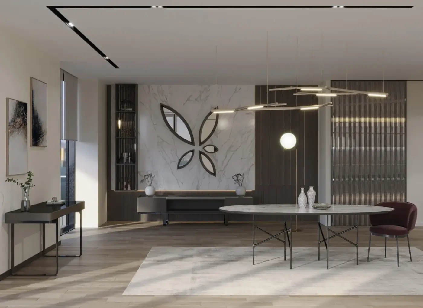 Superior Horm Aira suspension lamp with evenly spaced horizontal bars in satin gold-painted brass and integrated light sources