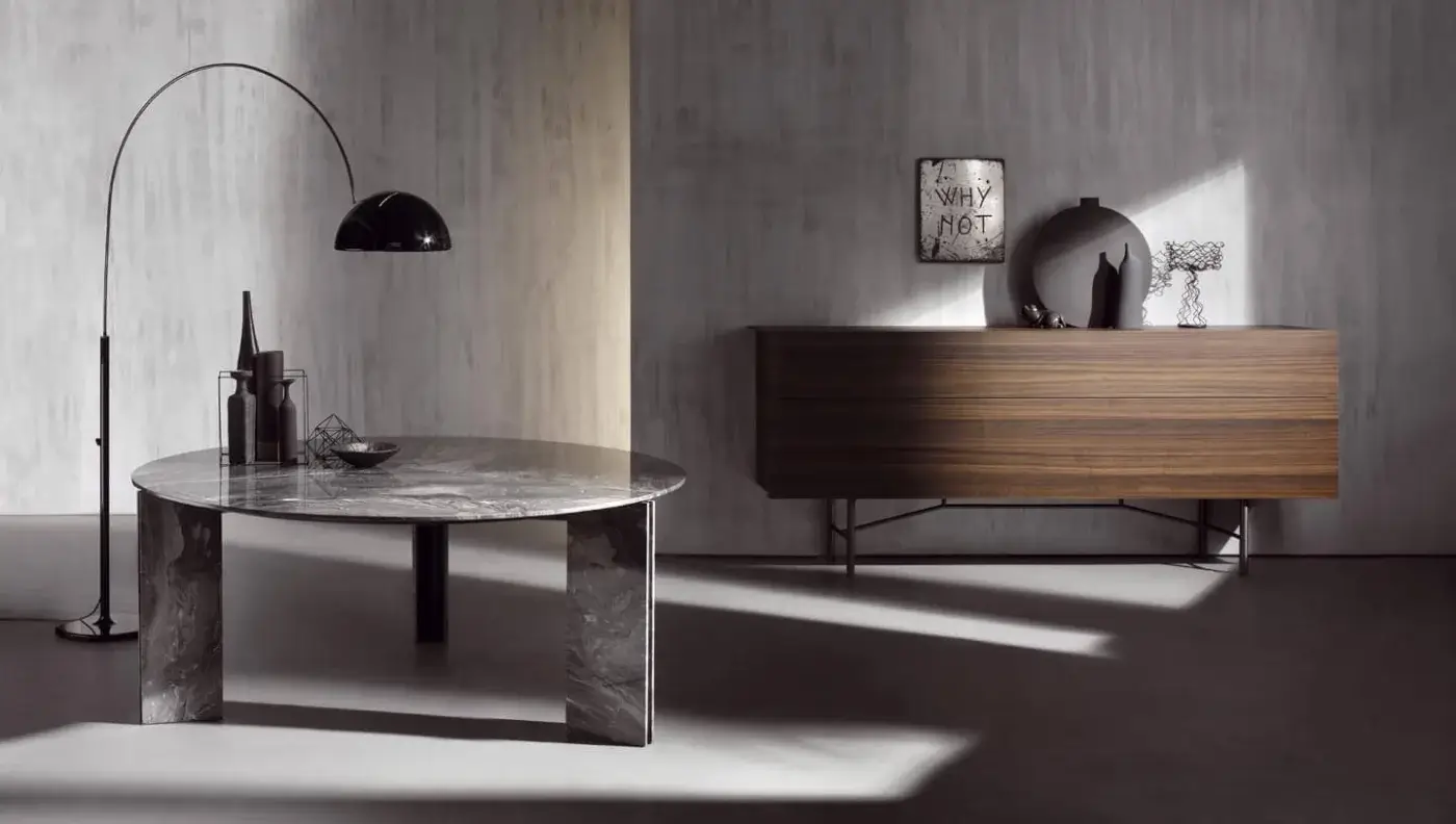 Distinguished Acerbis Maxwell table showcases exceptional stone detailing with a contrasting metal core built from millenary metamorphosis grains