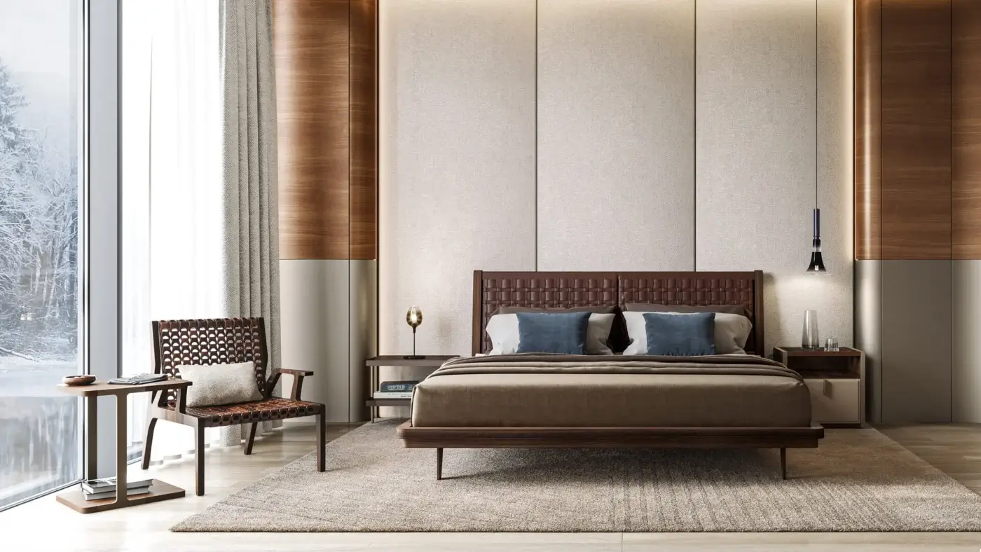 Exceptional Turri Net Lounge Chair with woven saddle leather and rich brown walnut wood structure