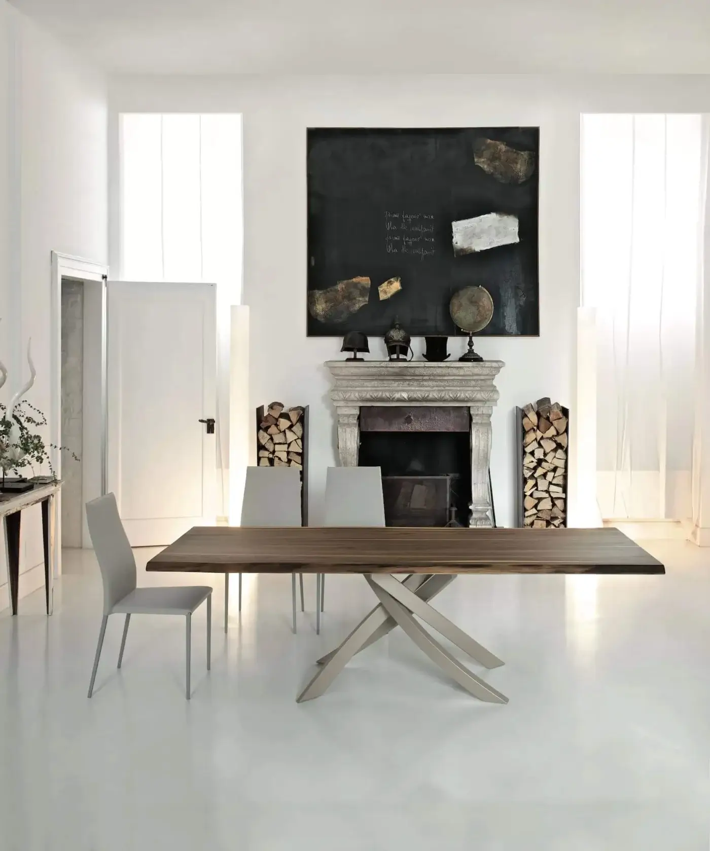 Superior Bontempi Artistico table with dark brown wood top and light gray metal base in matte finish