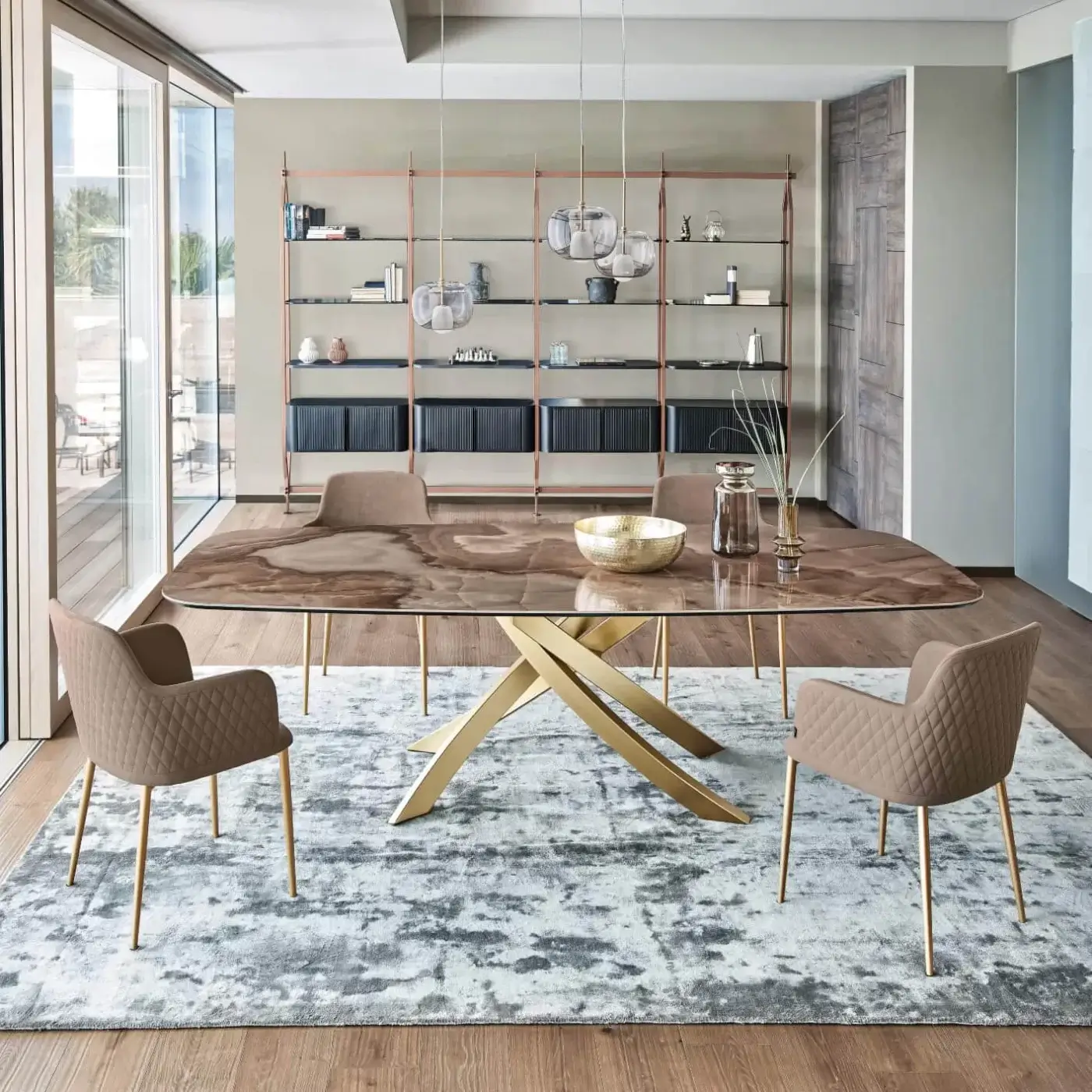 Distinctive Bontempi Artistico Barrel table with a gold metal base and glossy brown-beige patterned stone-like tabletop crafted in Italy