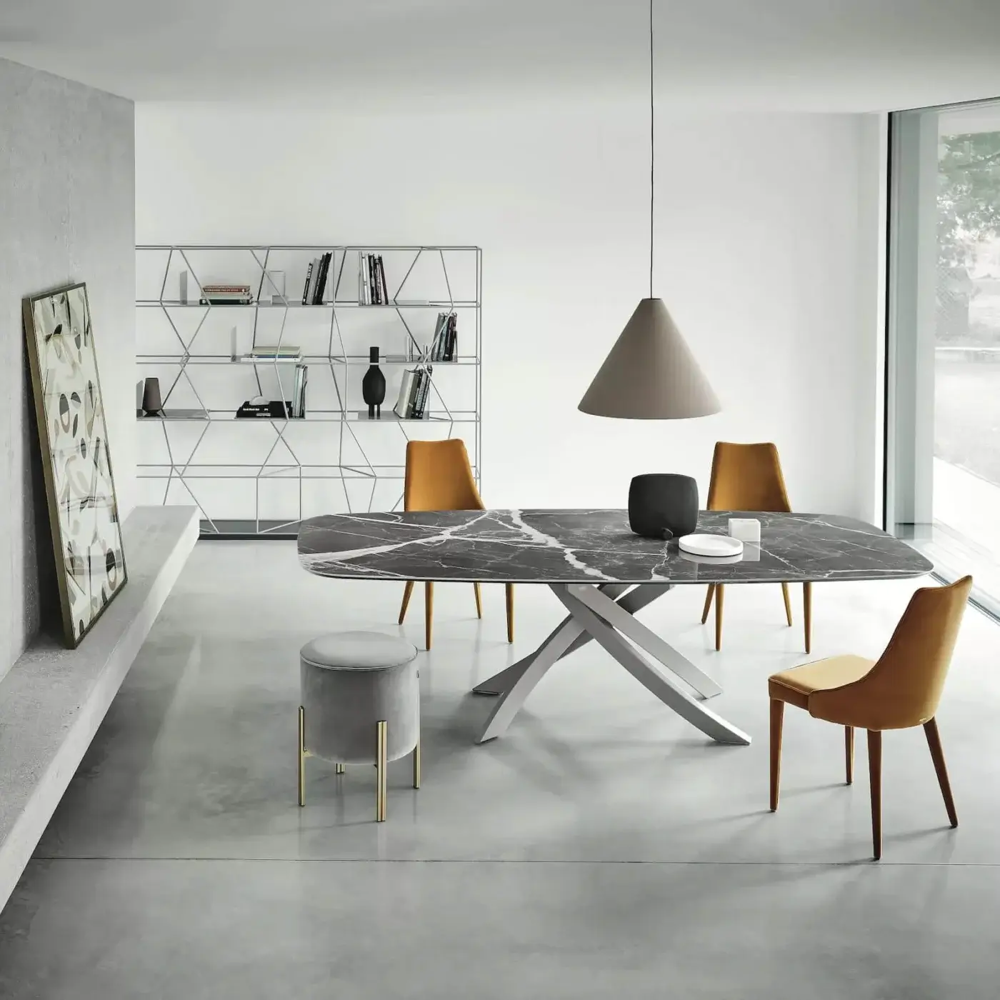 Distinguished Bontempi Artistico Barrel table with a light gray painted metal base and dark gray and white simulated marble tabletop