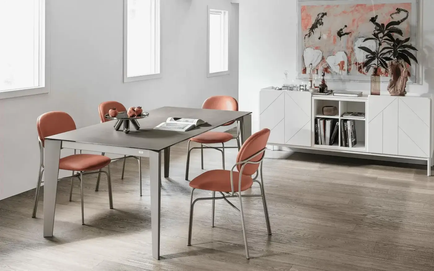 Superior Bontempi Cruz extendable table with dark gray tabletop and lighter gray metal legs in matte finish