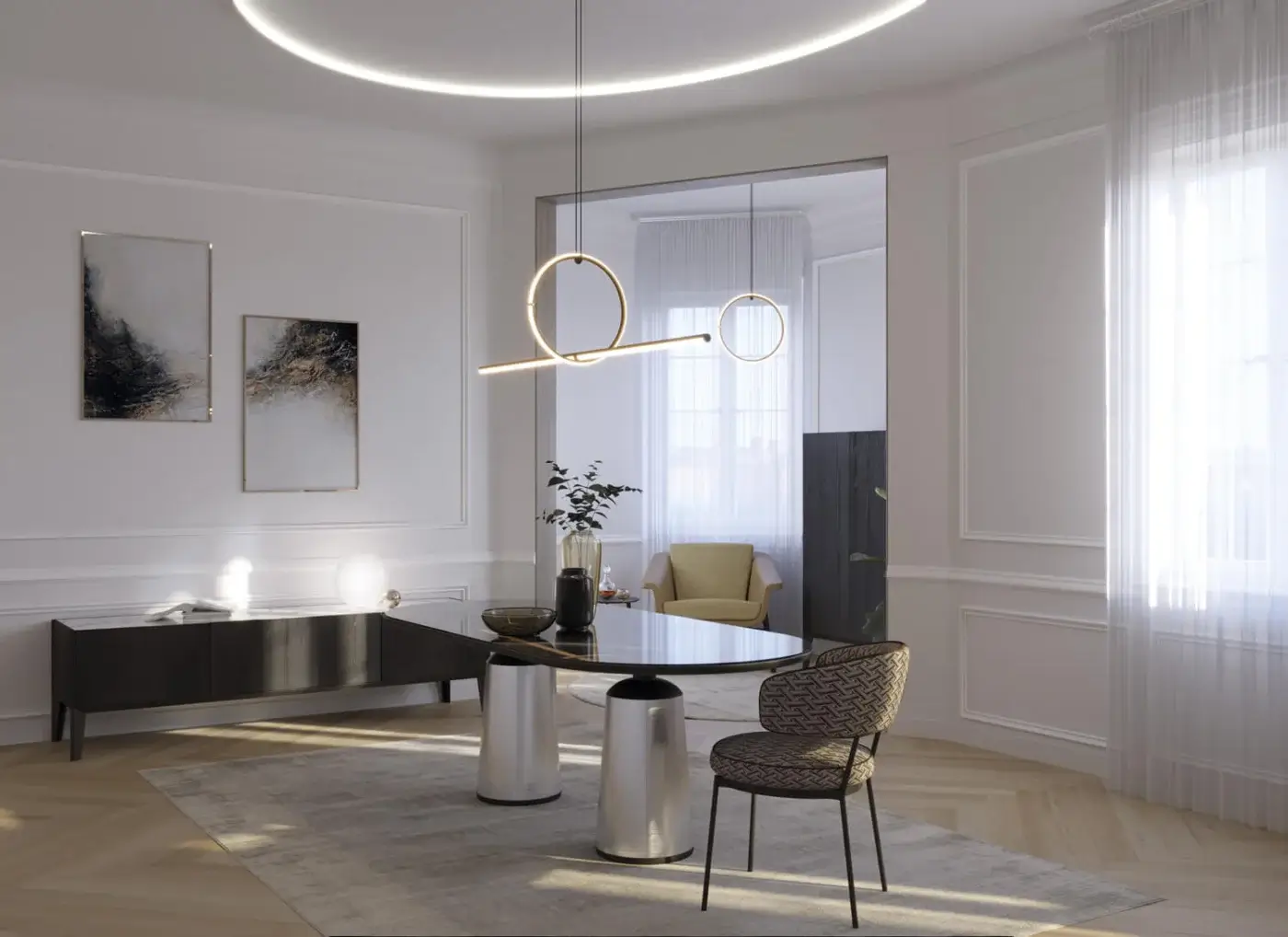 Distinguished Horm Concorde sideboard crafted in Italy exhibits a dark geometric form with concealed storage and a sleek base
