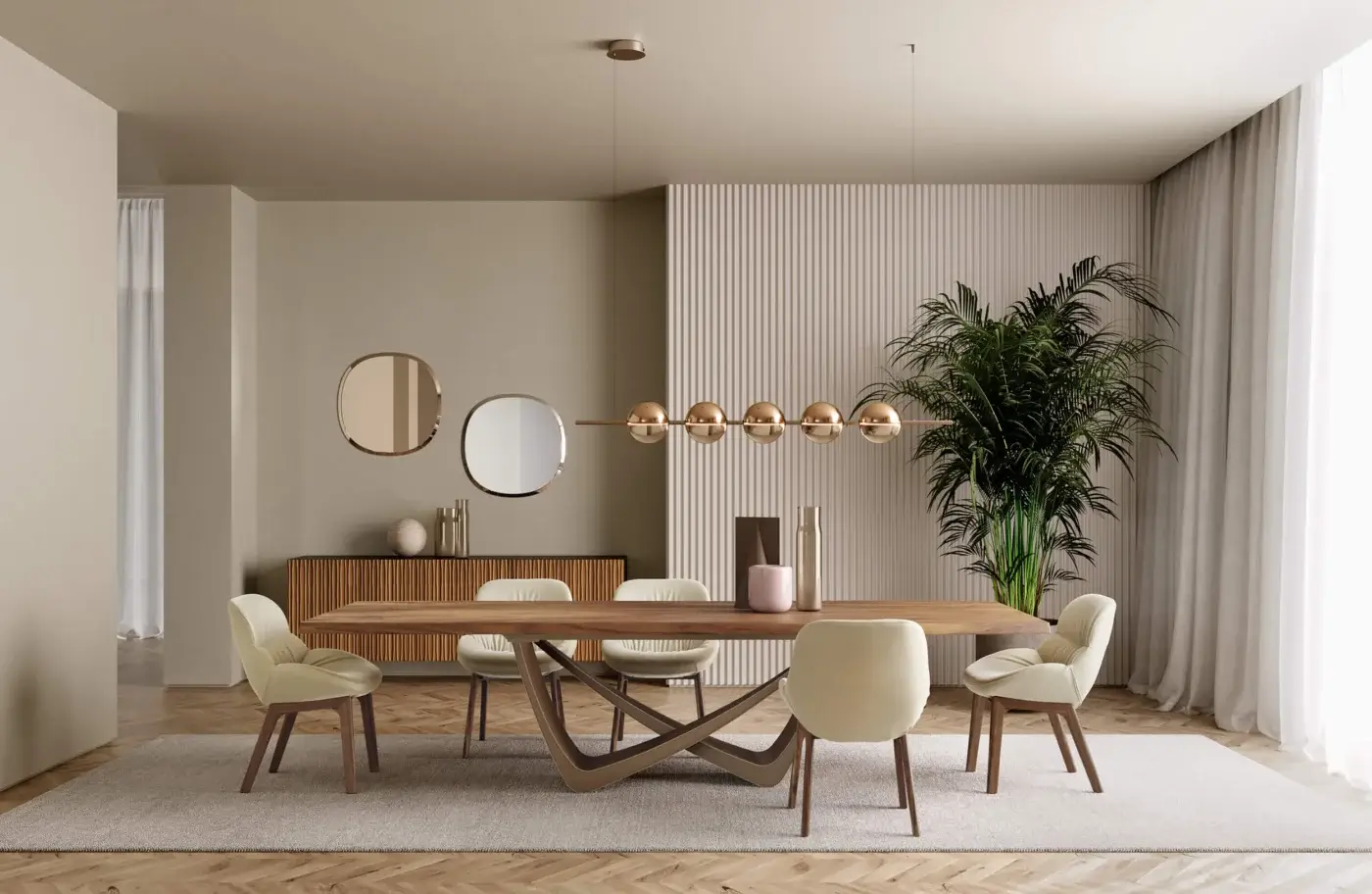 Distinguished Bontempi Bach table with sculptural base and medium brown wood tabletop exhibiting visible grain in matte finish