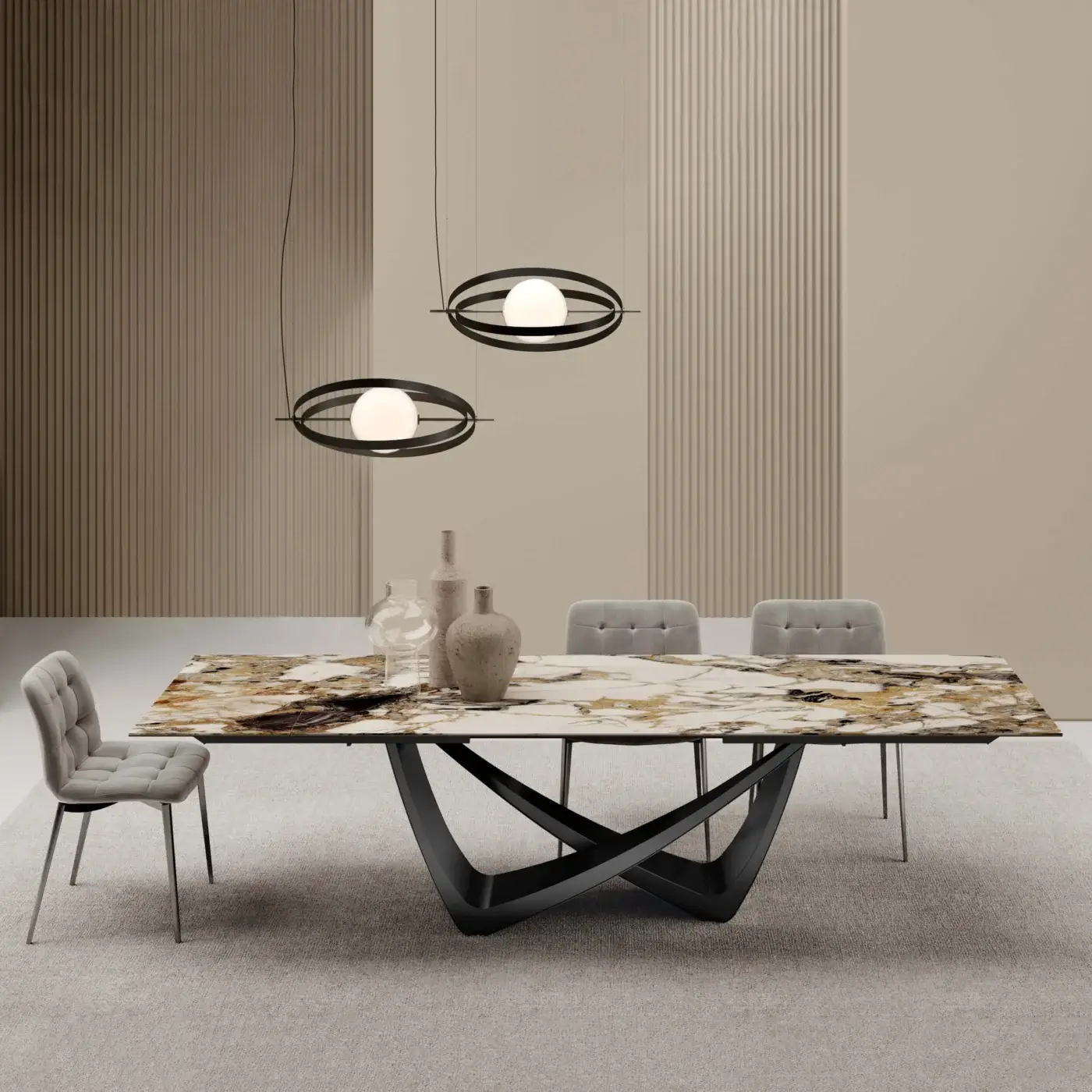 Extendable table, marble-look top, black metal base, with gray dining chairs and spherical pendant lights, neutral studio setting.