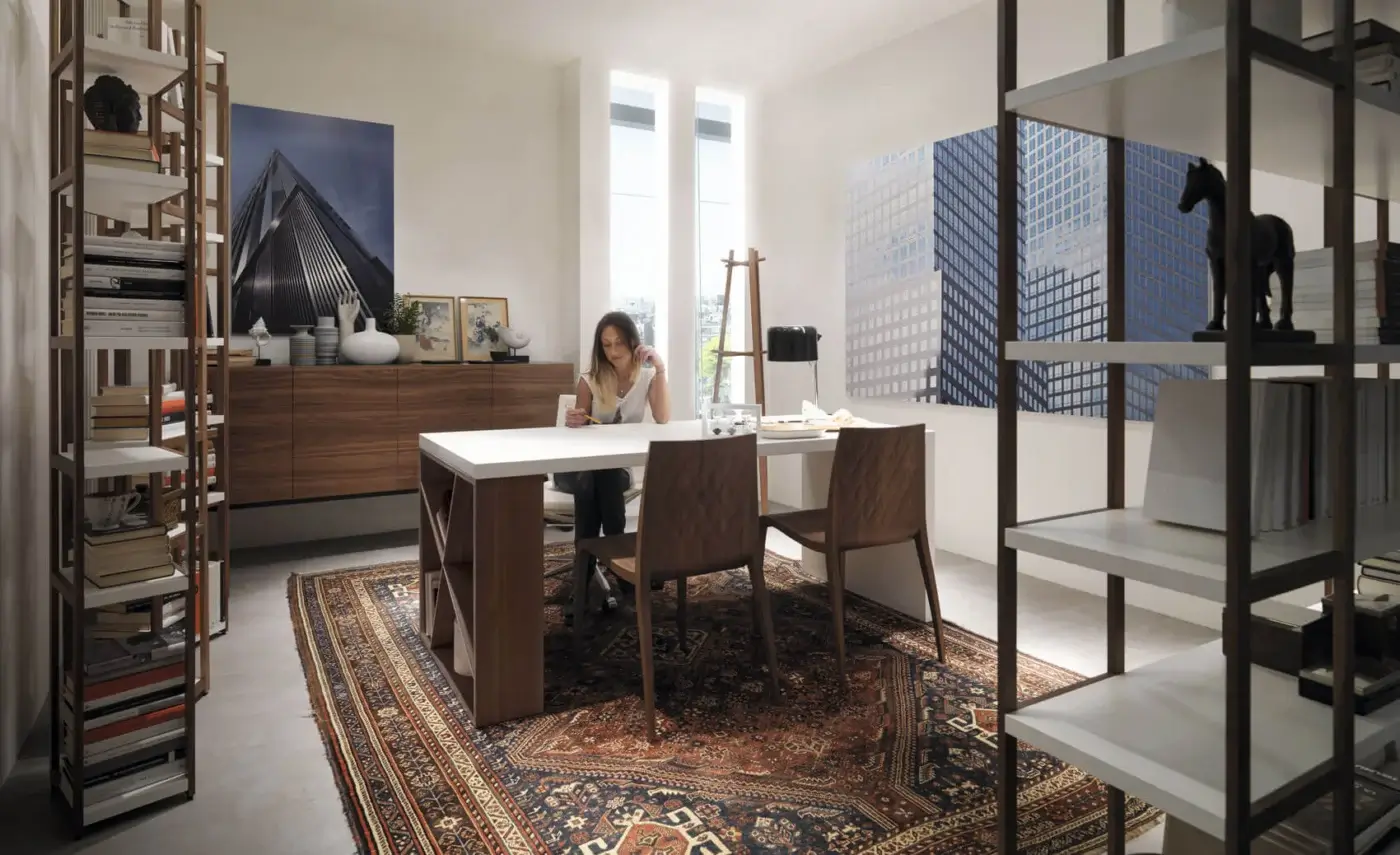 Distinguished Horm J-Table desk with white laminate veneered MDF tabletop and darker wood-look solid wood bookcase legs