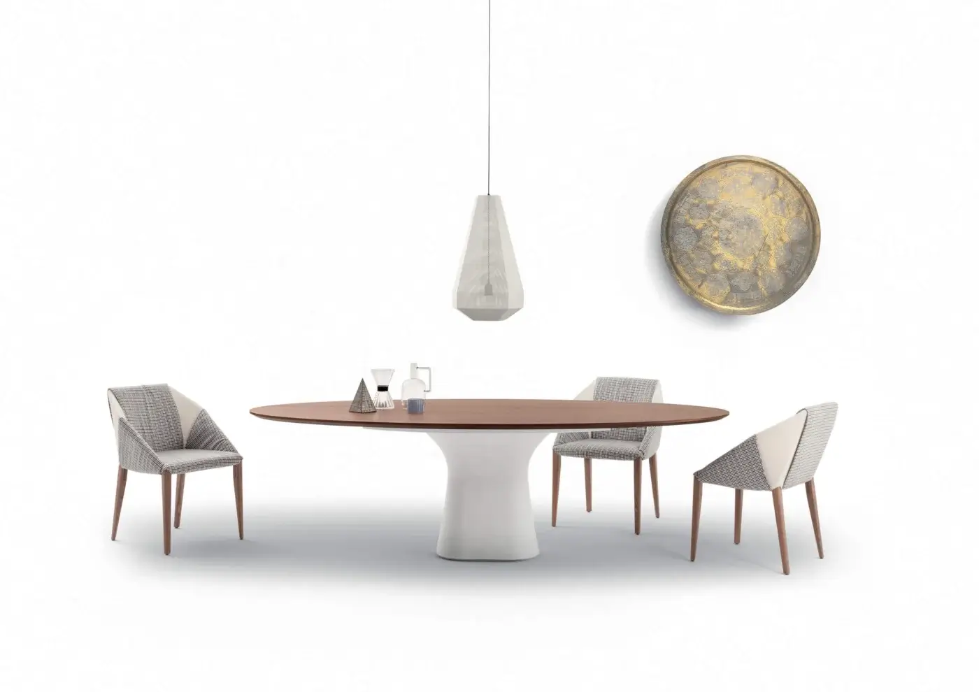 Exceptional Bontempi Podium table with sinuous lines and a dark brown wood top built with a white concrete base