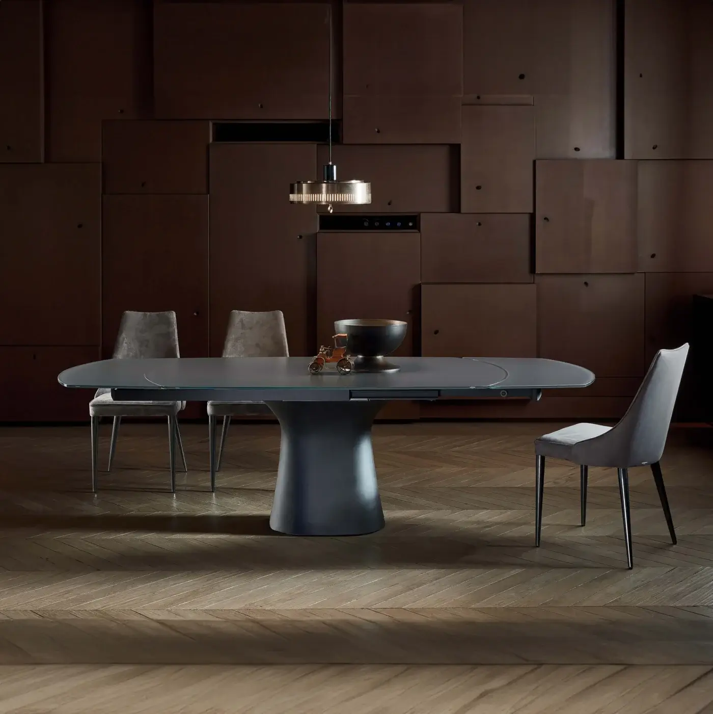 Distinguished Bontempi Podium extendable table with dark gray glass tabletop and matte synthetic pedestal base
