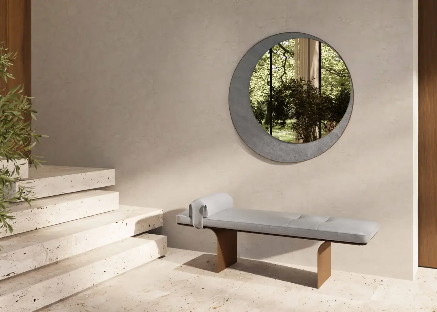 Distinguished Borzalino Eclipse mirror with a crescent silhouette crafted in treated brass and textured gray leather
