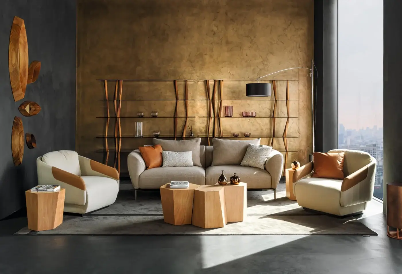 Distinctive Horm Sendai bookcase with six transparent glass shelves and uniquely inclined solid wood elements in a natural finish