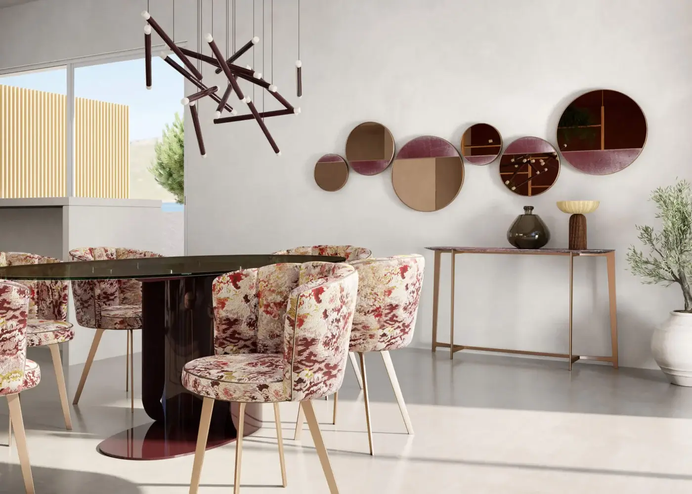 Elegant Borzalino B Series console with rounded marble top and lacquered metal base in light golden tone