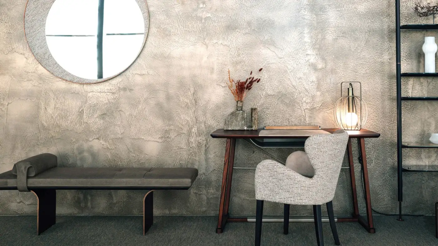 Distinguished Borzalino Elektra armchair upholstered in woven neutral textile with a smooth grey cushion and chromed metal zipper detailing