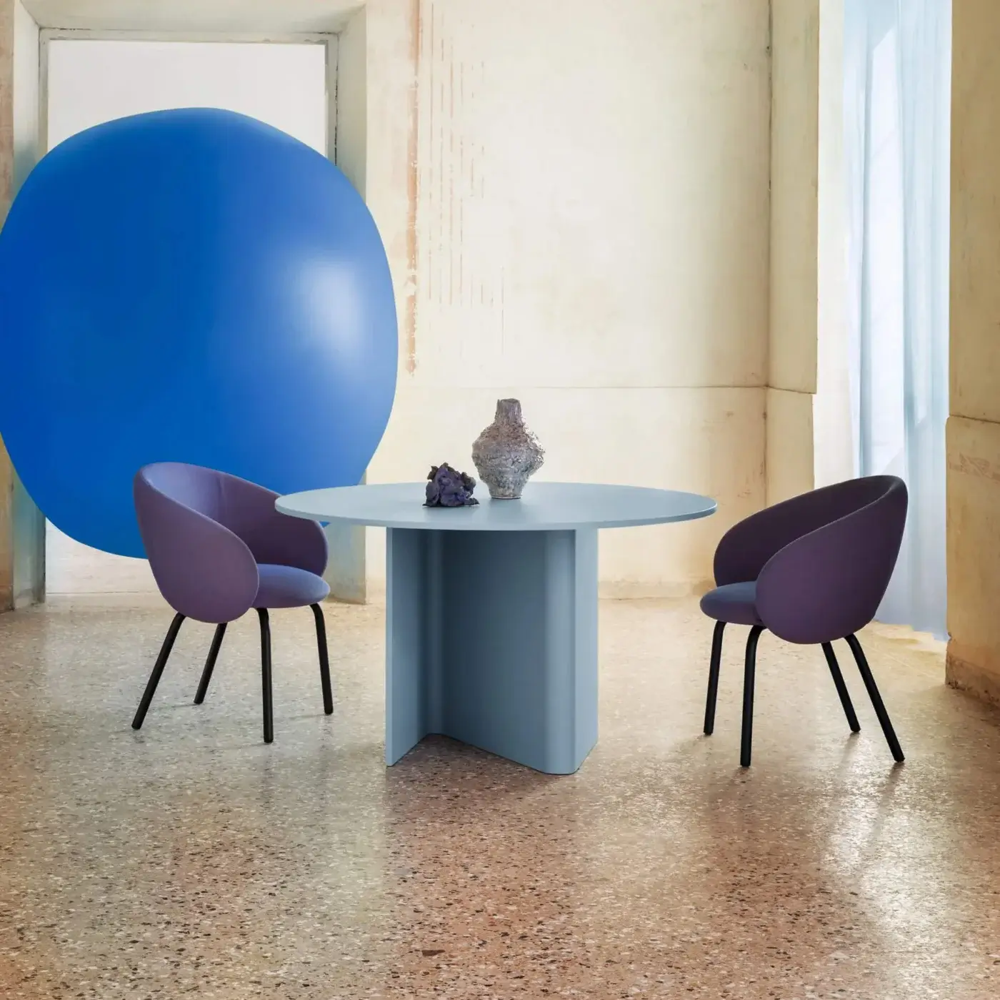 Distinguished Miniforms Nami table with sinuous bent wood and cool blue-grey lacquer finish