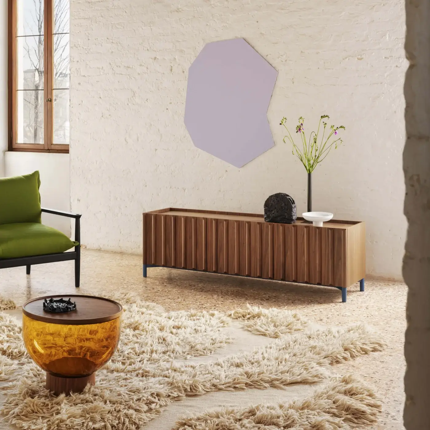 Distinguished Miniforms Container sideboard in medium brown with slatted front and slender blue legs crafted for contemporary spaces