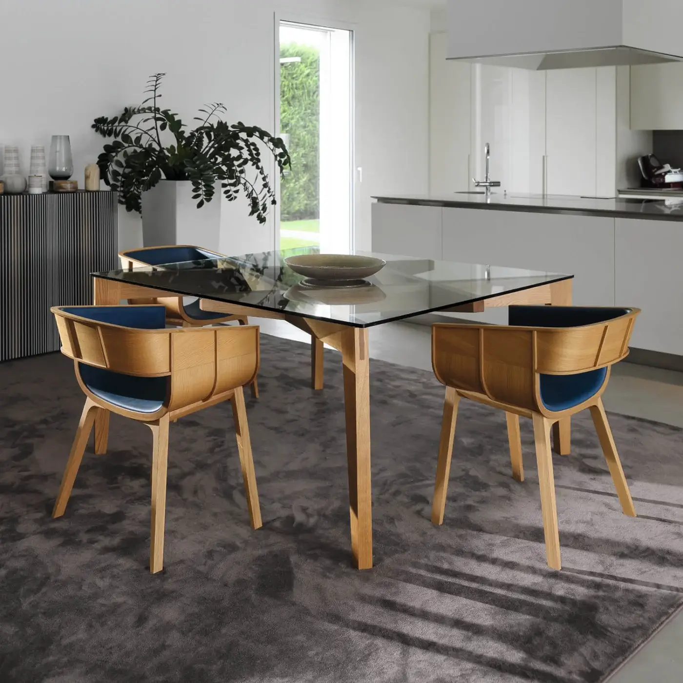 Exclusive Horm Carlos sideboard inspired by Op Art with light wood veneer and contrasting blue textile, finished with a smooth matte finish