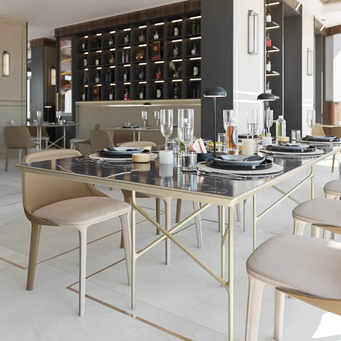 Exceptional Casamania Lepel chair with light beige fabric upholstery and satin finish metal legs exhibiting skilled Italian craftsmanship