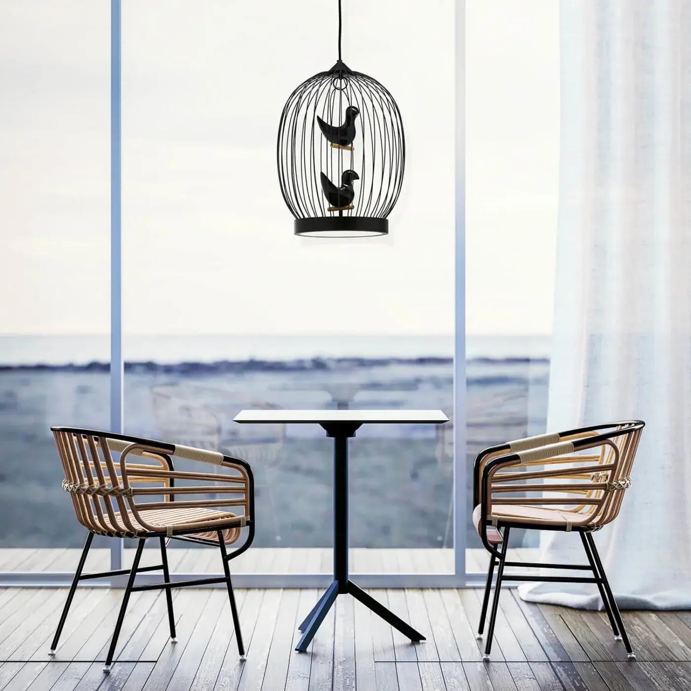 Distinguished Casamania Raphia suspension lamp crafted in black metal with two bird figures within a minimalist cage structure