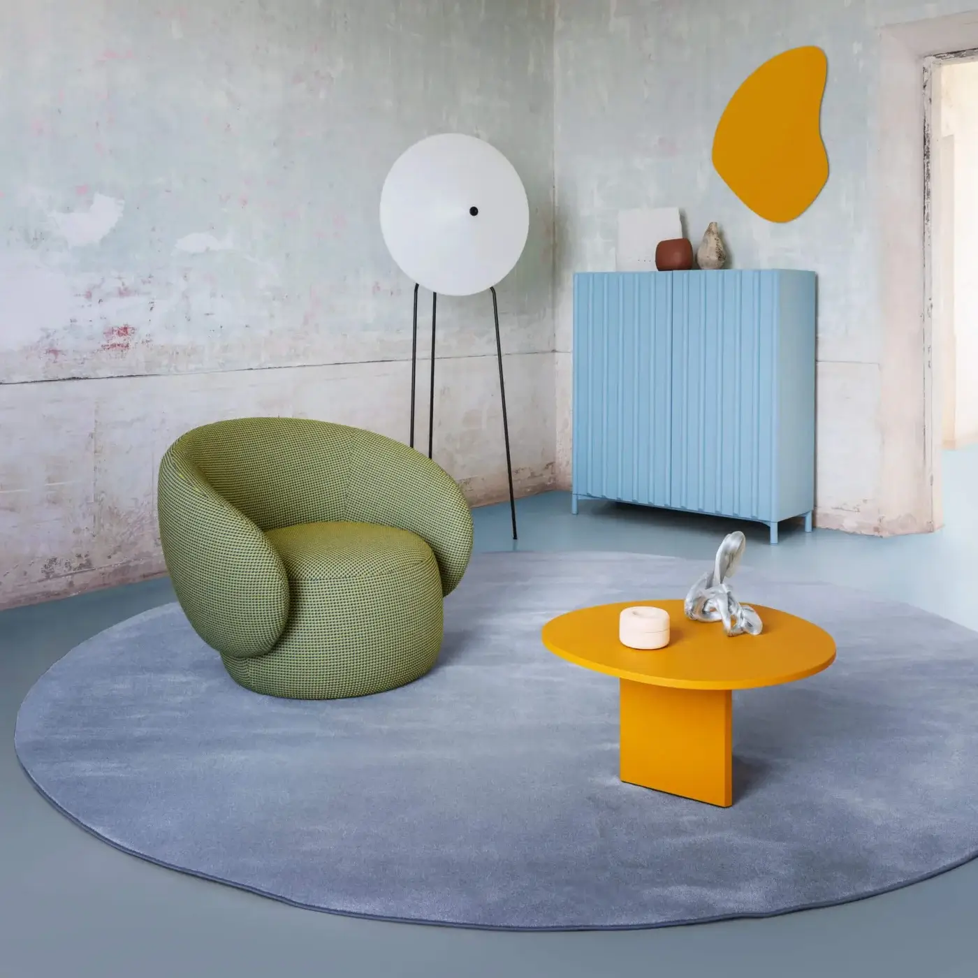 Exceptional Miniforms Nebulona lounge chair with plump seat upholstered in textured green and yellow checkered fabric
