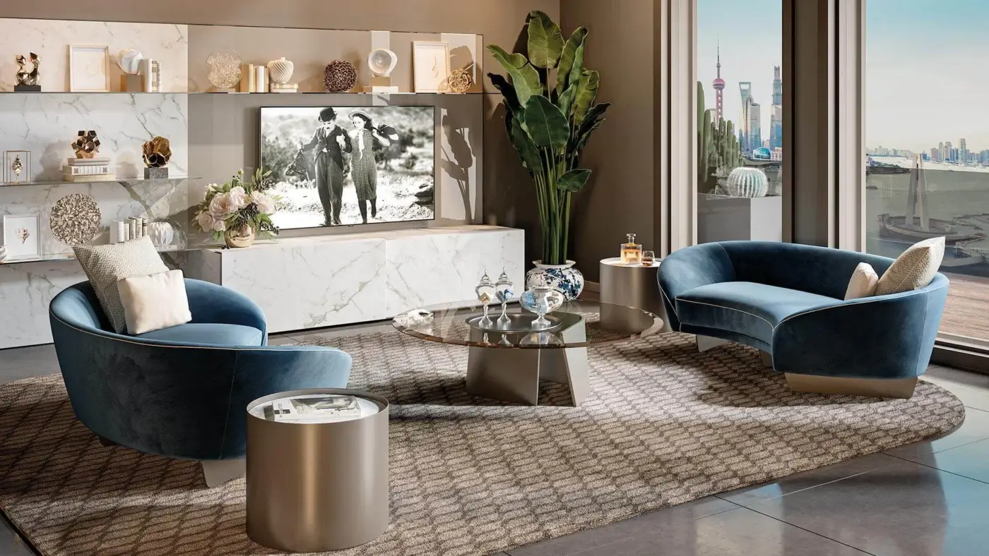 Lavish Reflex Segno sofa lounge upholstered in vibrant blue velvet with bronze finished metal legs