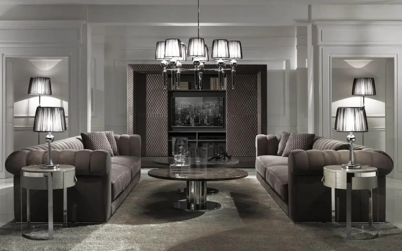 Superior DV Home Collection Kent sofa upholstered in matte taupe textile with a sleek chrome metal base