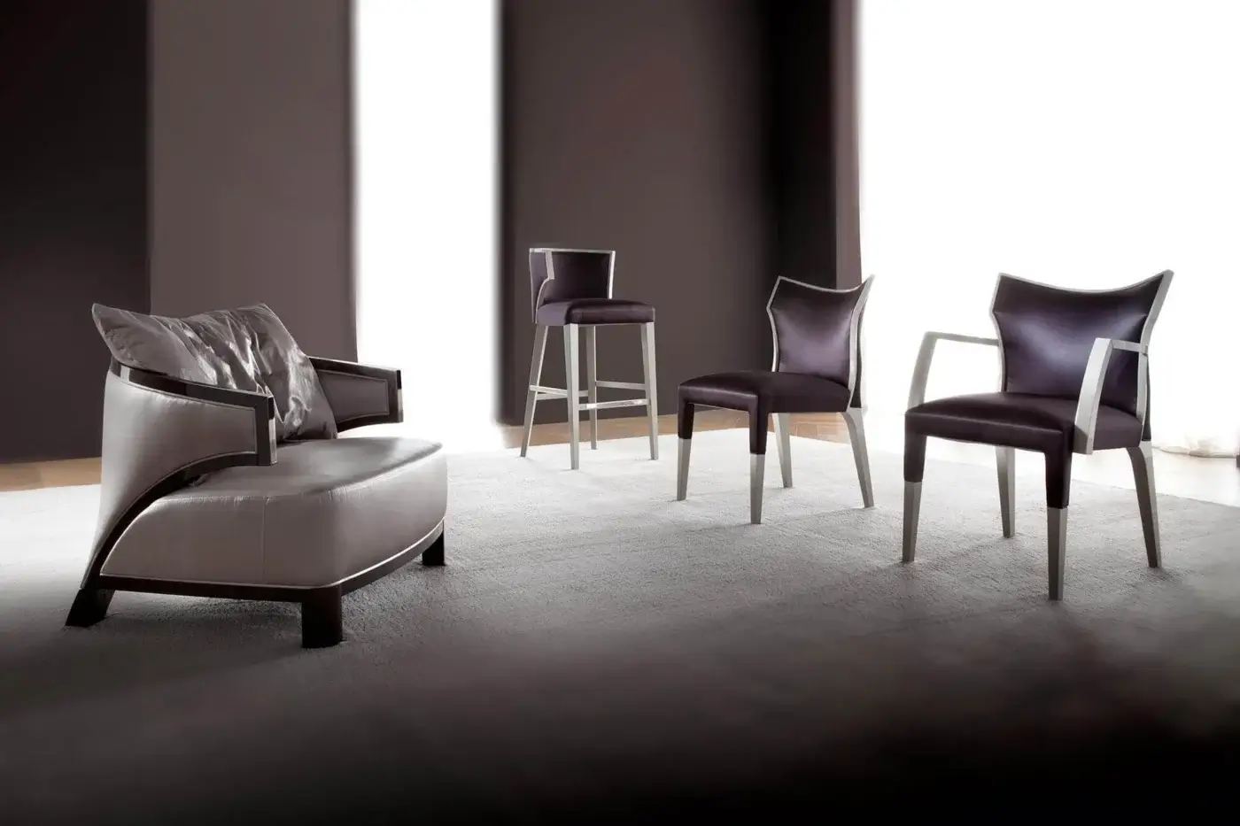 Distinguished Costantini Pietro Villa lounge chair with dark purple fabric upholstery and matte beech wood frame