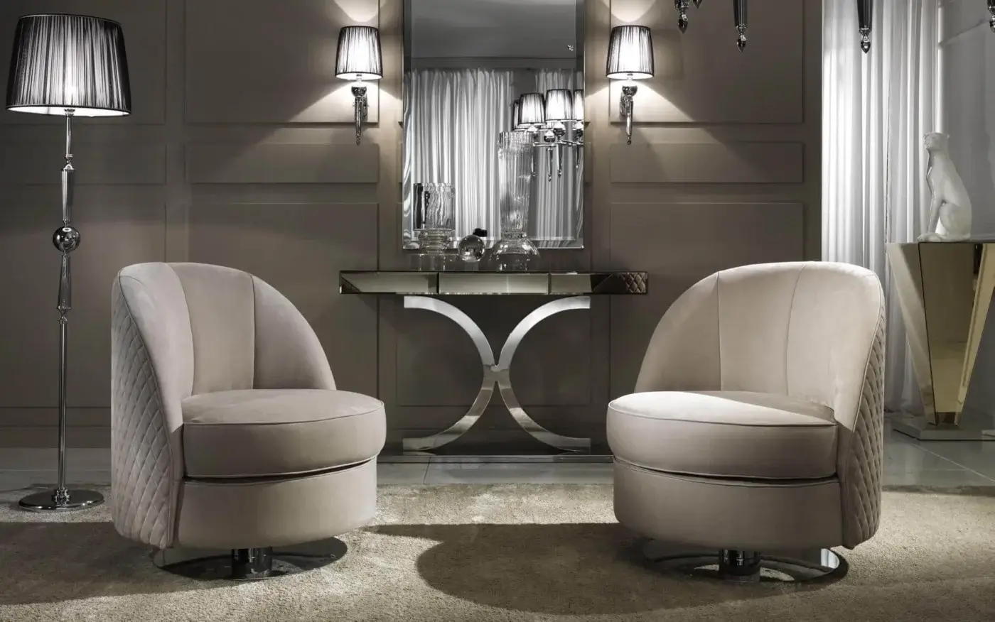Superior DV Home Collection Kent Plus console with glossy mirrored top and distinctive intersecting stainless steel base
