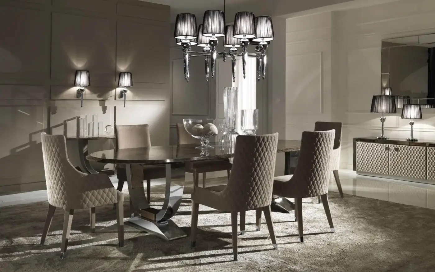 Exclusive DV Home Collection Hermes table with glossy brown marble-like top and intersecting curved stainless steel base crafted in Italy