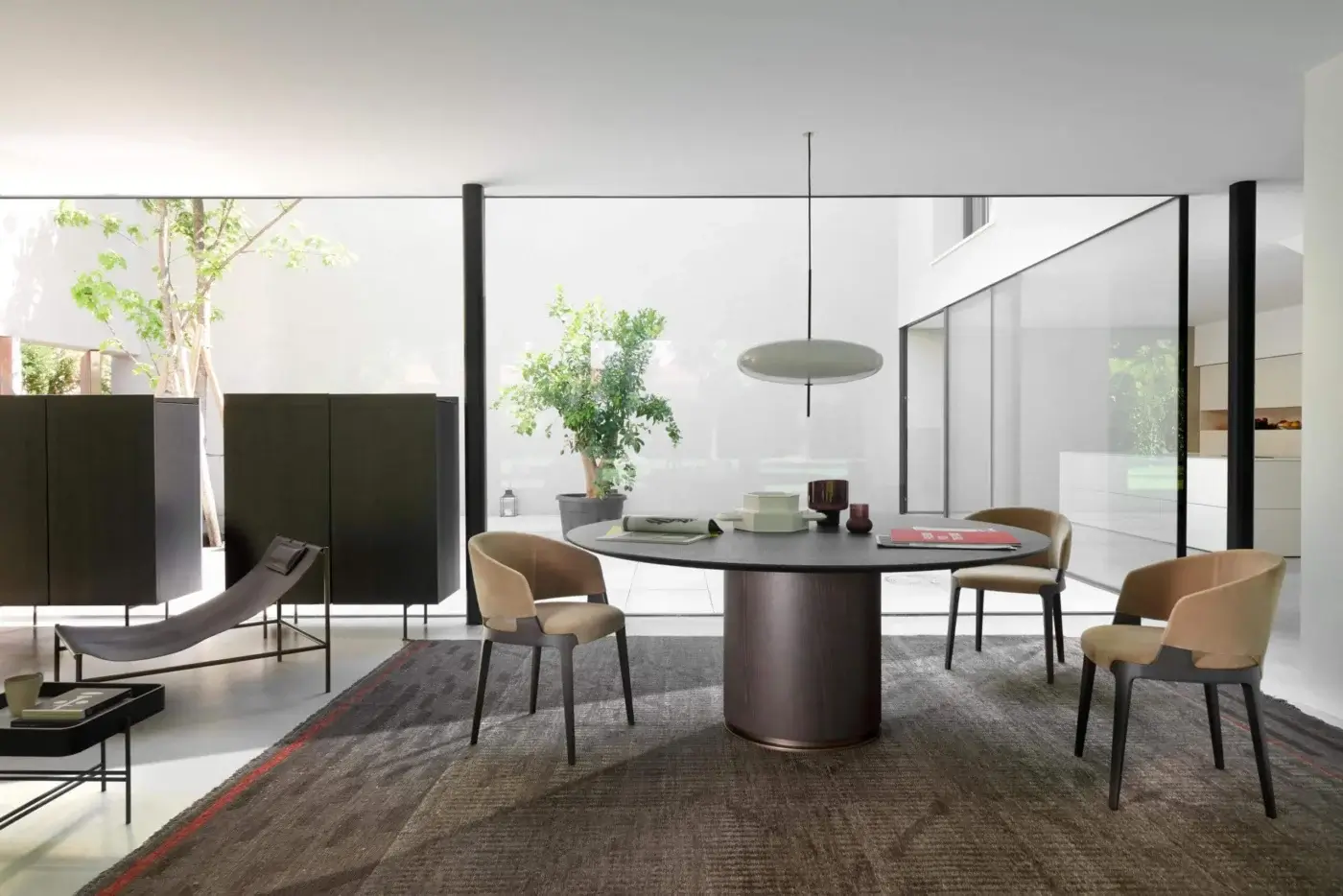 Exceptional Potocco Velis armchair with curved light tan synthetic textile and dark brown ash frame
