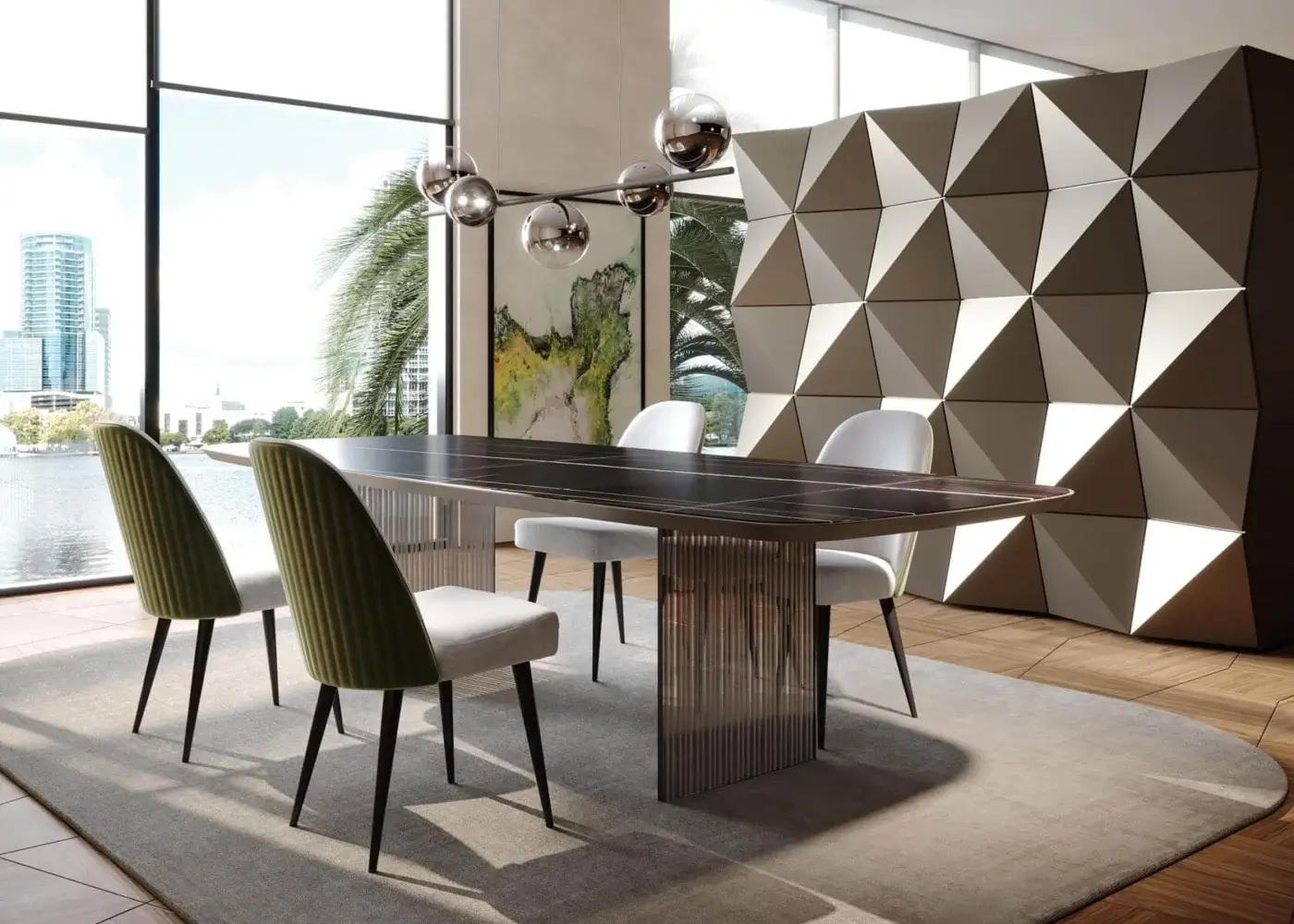 Distinguished Reflex Ludwig chair with vertically ribbed olive-green textile and light grey fabric, supported by angled dark matte legs
