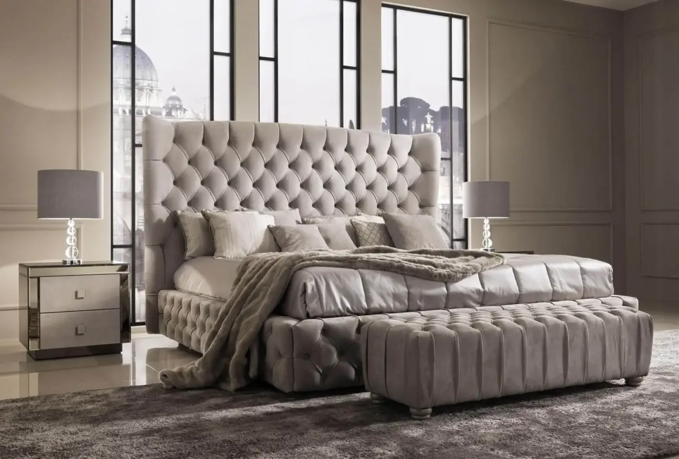 Exclusive DV Home Collection Envy nightstand built in beveled mirror with a stainless steel base crafted in Italy