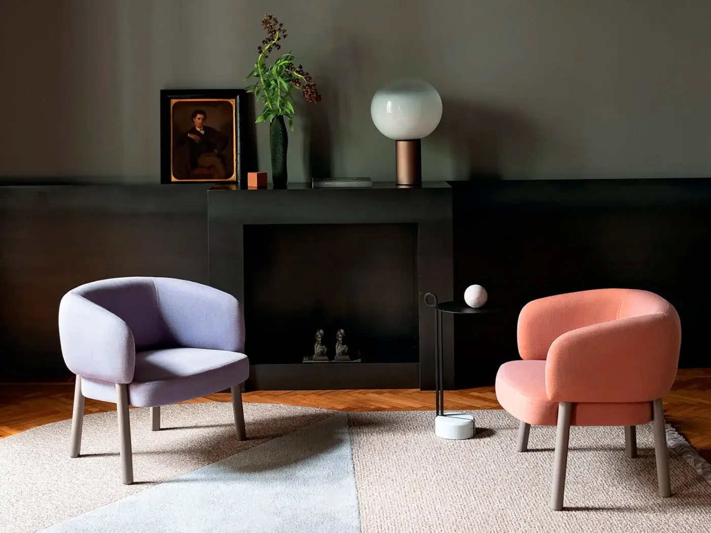 Distinguished Bross Aretha lounge chair upholstered in light lavender textile with matte cylindrical wood legs