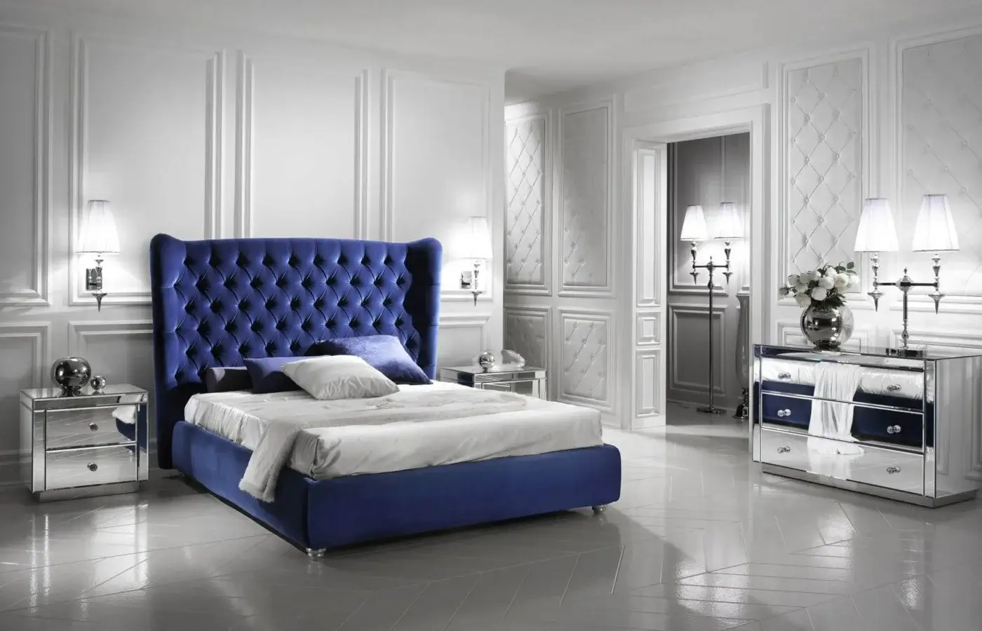 Exceptional DV Home Collection Vogue bed with plush blue velvet textile and diamond tufting