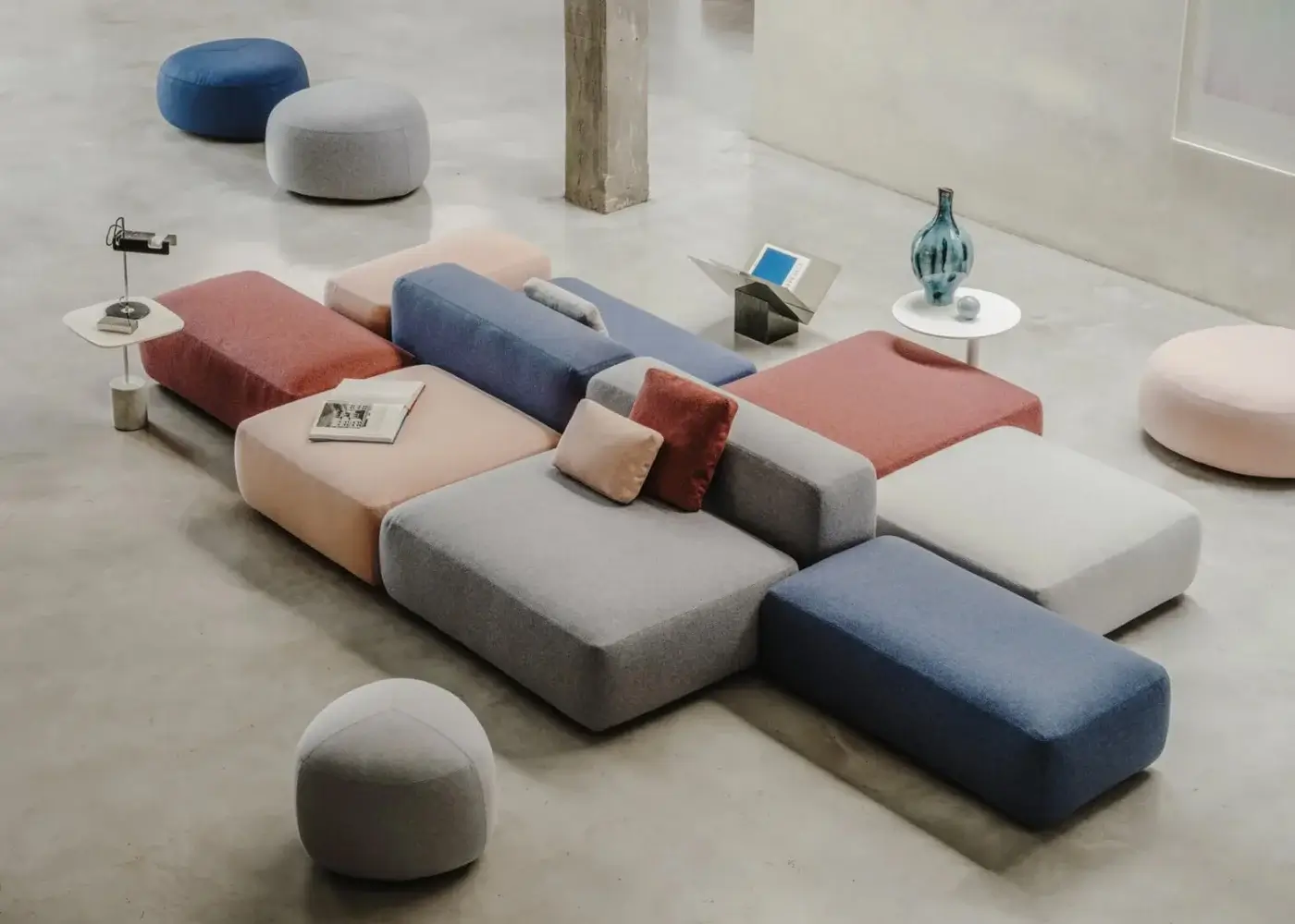 Distinguished Lapalma Kipu ottoman crafted in matte gray removable fabric offering a unique triangular form
