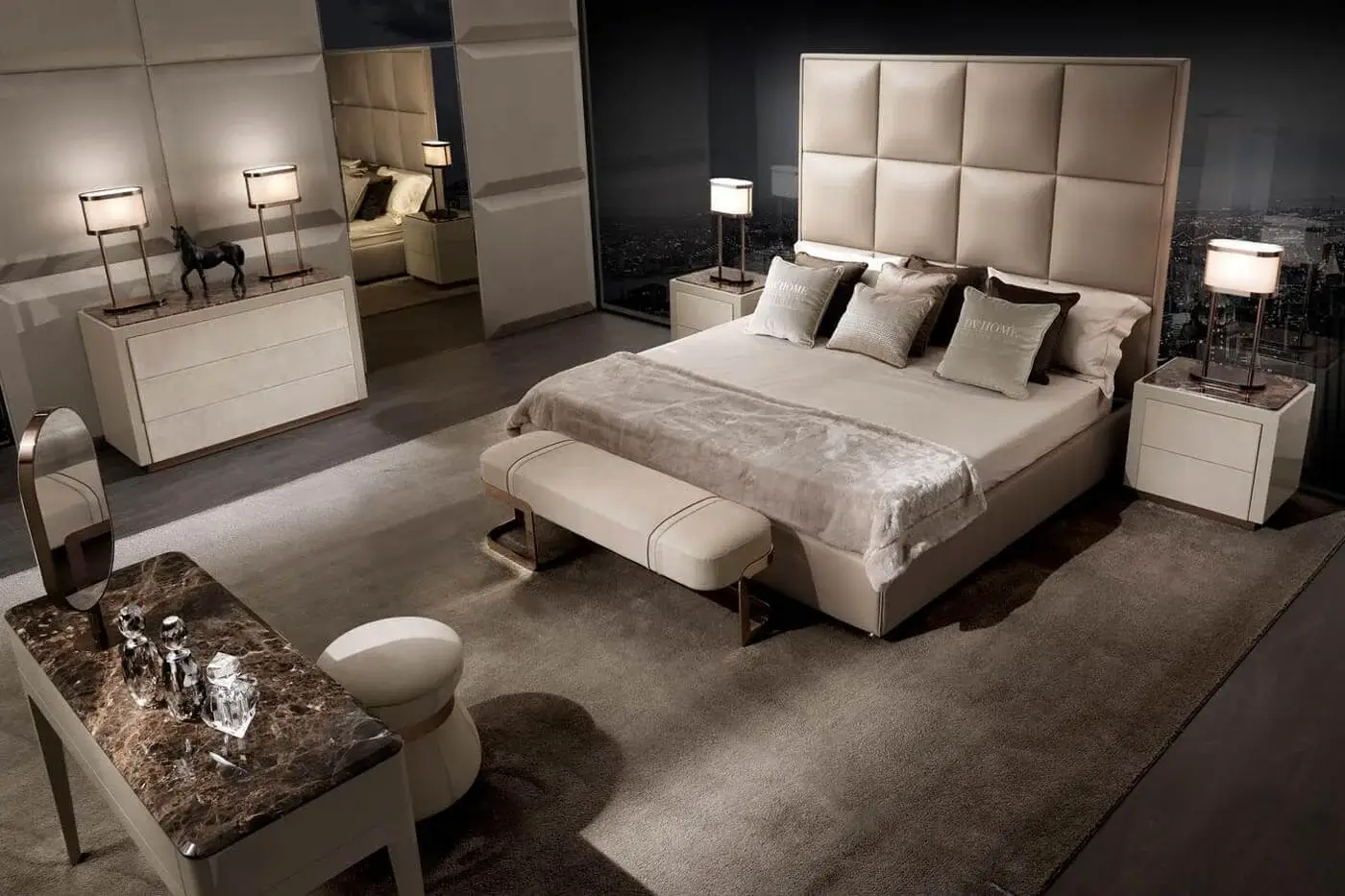 Superior DV Home Collection Duke bed with multilayer structure upholstered in light beige textile and square panel detailing