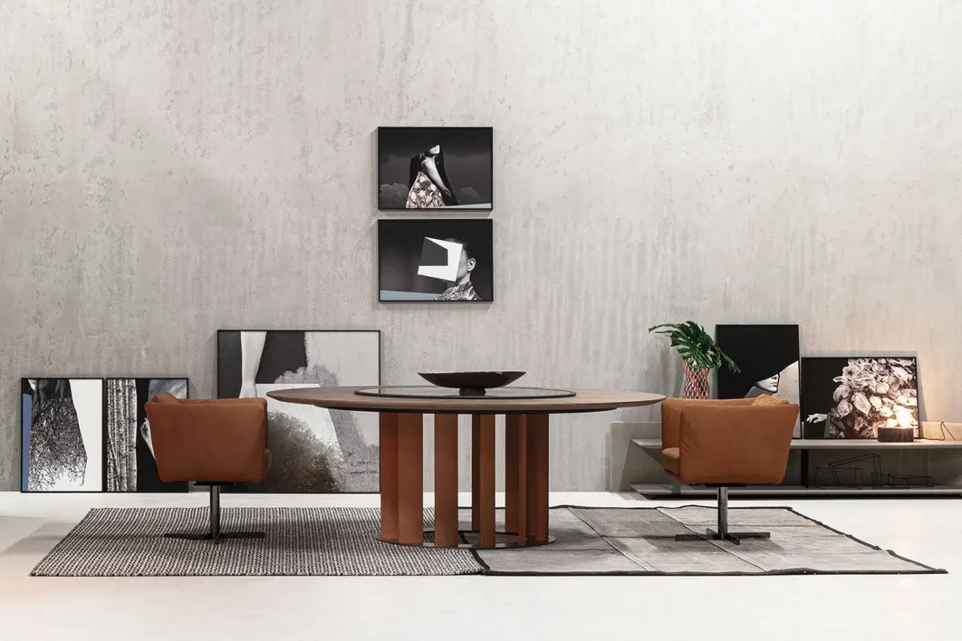 Captivating Cierre1972 Tao table with a round wooden top and sculptural base crafted in ceramic with a marble effect