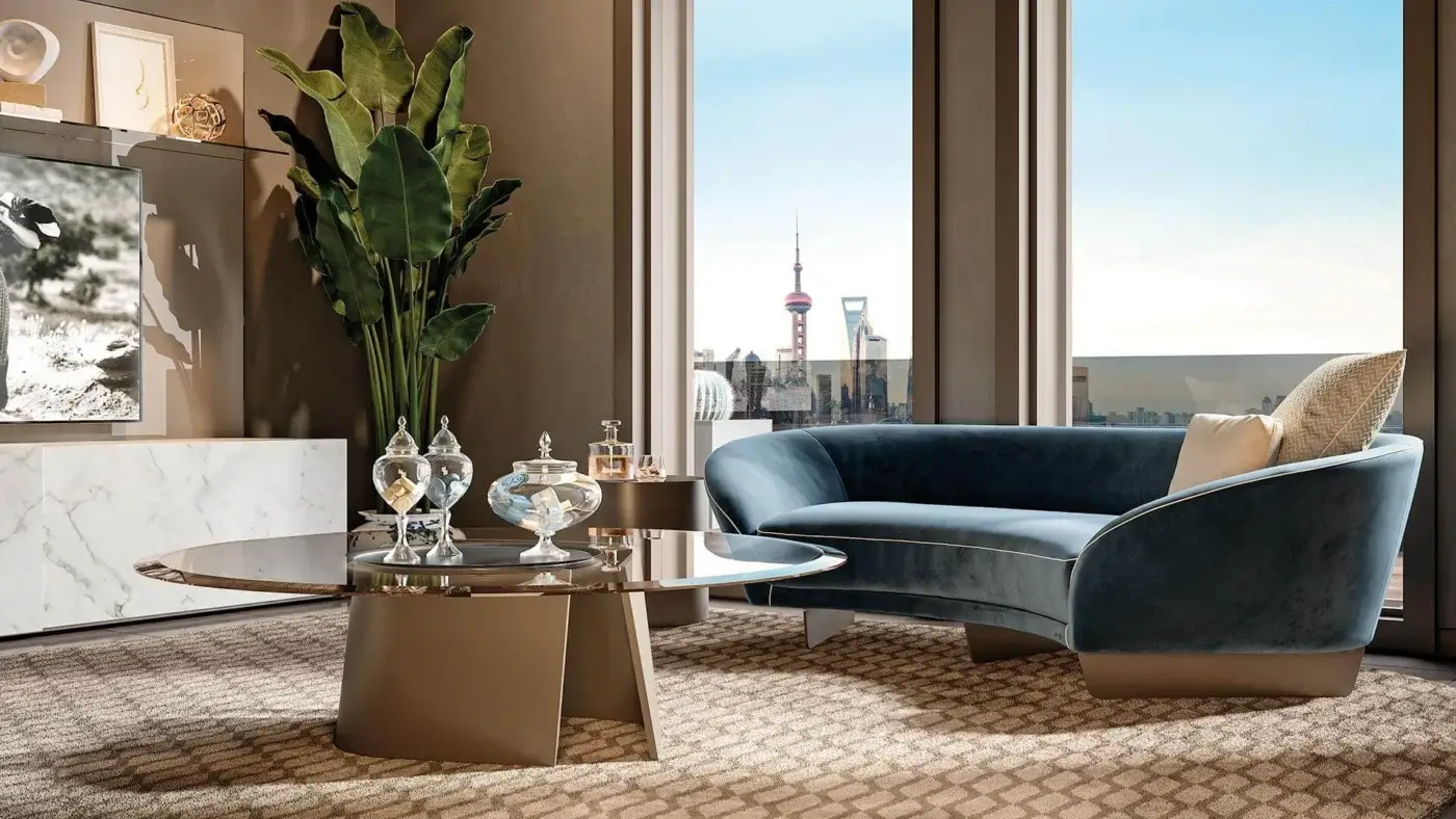 Distinguished Reflex Esse table with beveled bronze glass top and trapezoidal light brownish-gray finished base