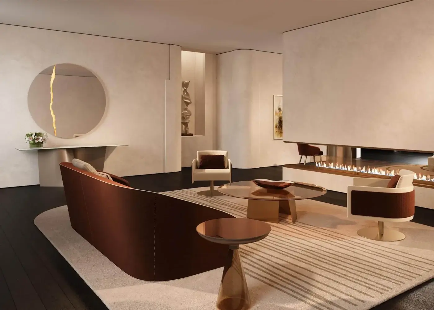 Superior Reflex Esse table with bronze glass top and curved extra clear glass base in satin brass finish