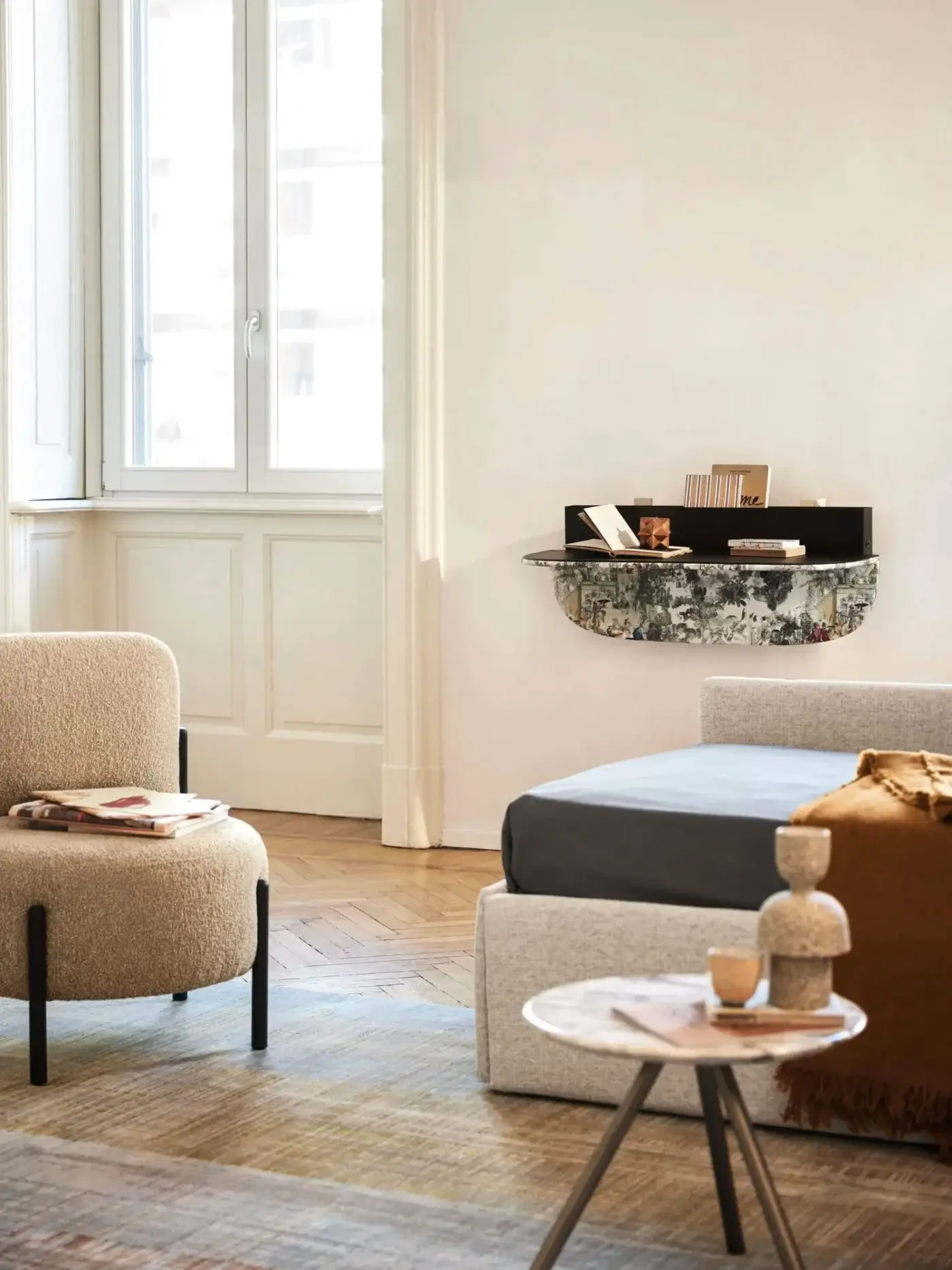 Distinguished Bolzan Letti Dune desk crafted with a wall-mounted design, matte black worktop and curved panel in decorative black and white textile