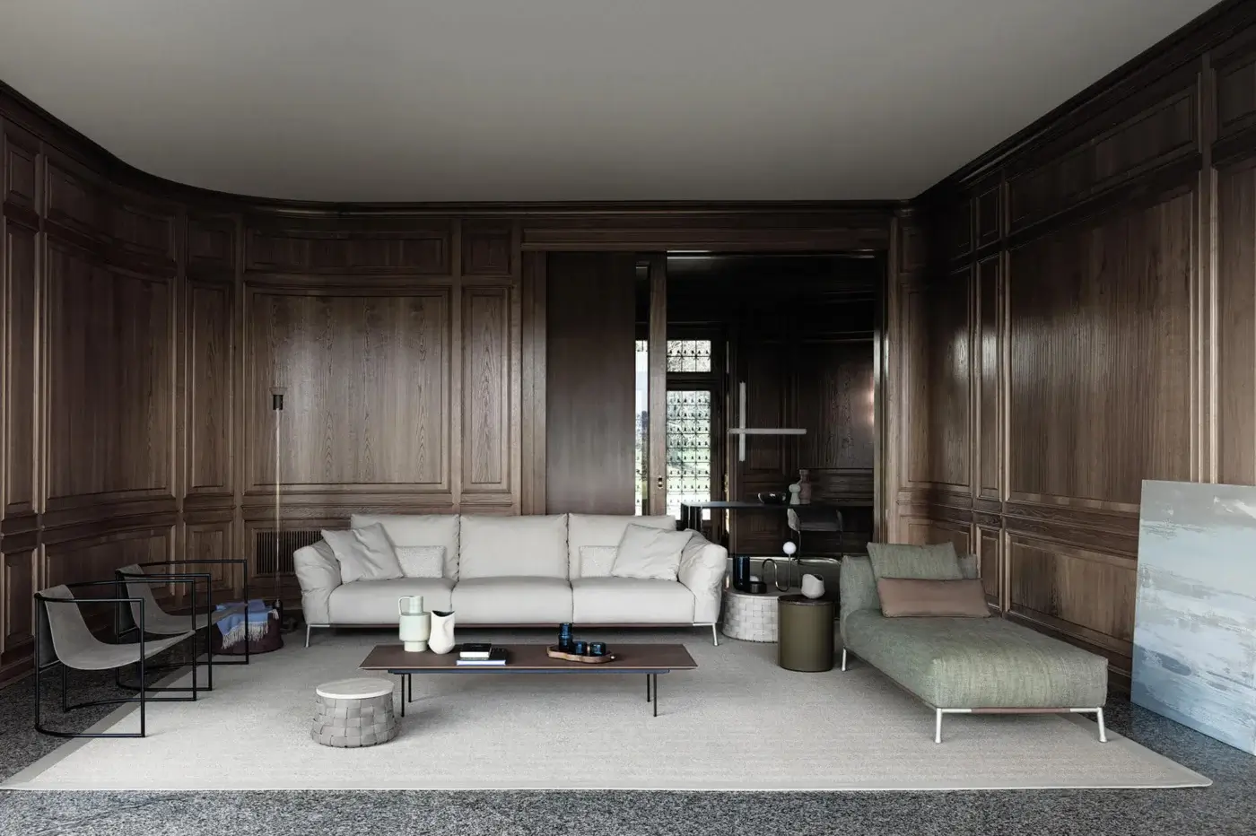 Superior Cierre1972 Chapeau sofa upholstered in light off-white textile with comfortable cushions and reclining backrests and armrests
