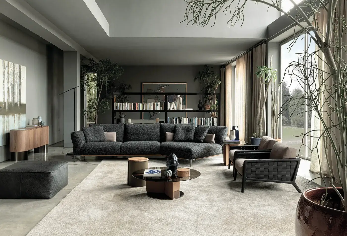 Exceptional Cierre1972 Chapeau sectional with dark gray fabric upholstery and a subtle matte finish