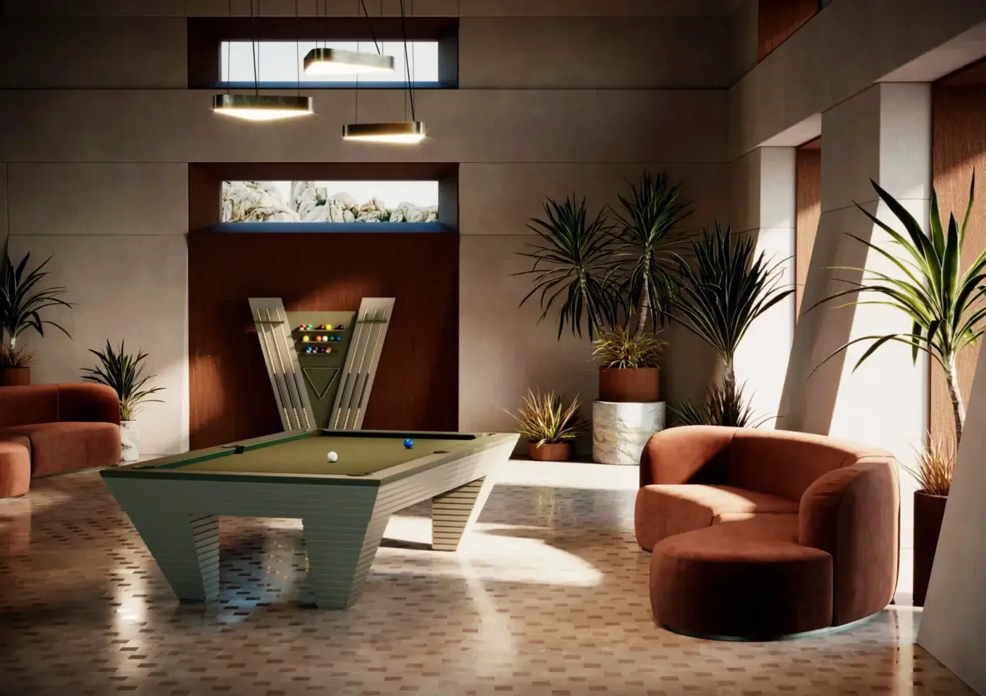 Elegant Vismara New Desire pool cue rack crafted with wood and metal in a light and darker tone with matte finish
